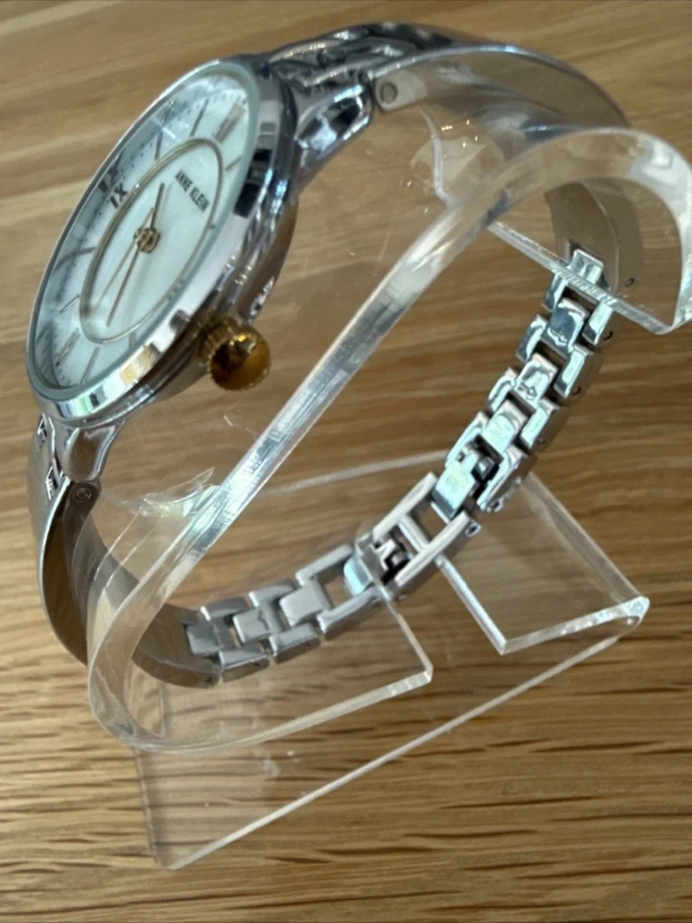 Anne Klein Watch w/ Mother Of Pearl Face. Silver & Gold Tone Adjustable Bracelet